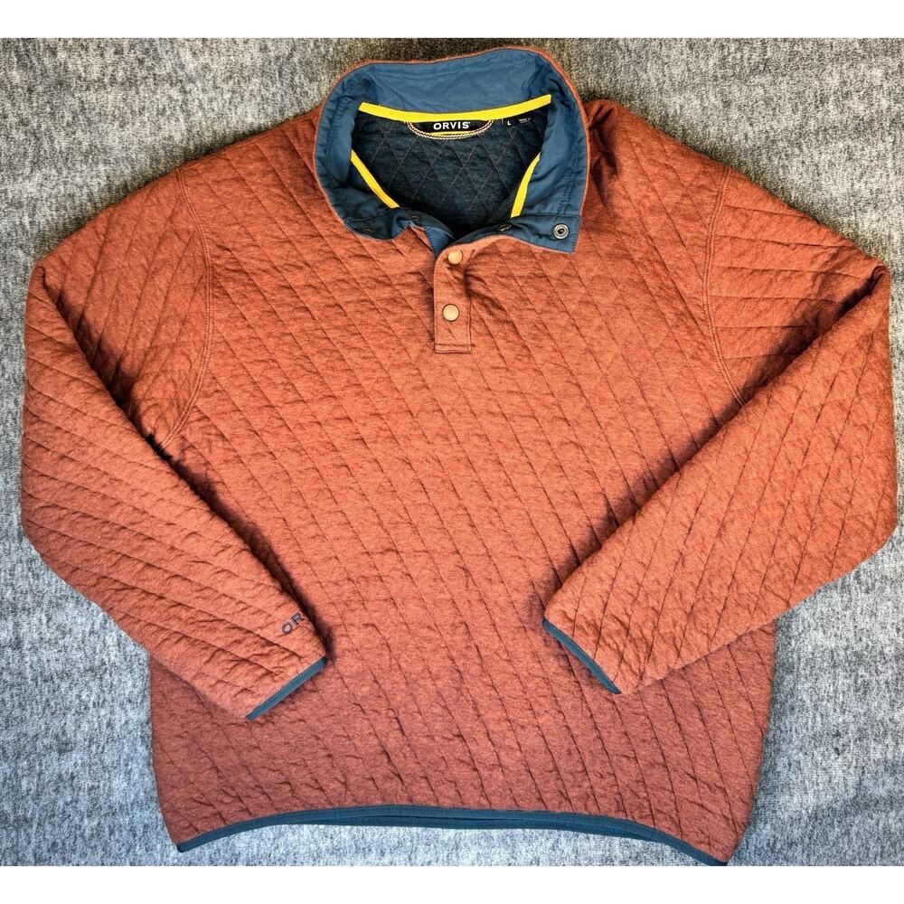 Mens Orvis Reddish Orange Quilted Snap Front Pullover Sweater Large